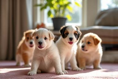 Group of happy puppies playing during a socialization class.